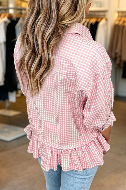 Plaid Print Half Sleeve Ruffle Hem Button Down Shirt