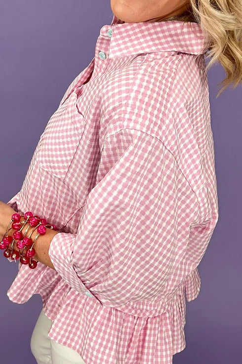Plaid Print Half Sleeve Ruffle Hem Button Down Shirt