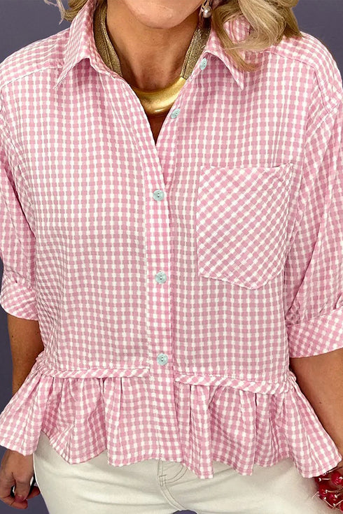 Plaid Print Half Sleeve Ruffle Hem Button Down Shirt