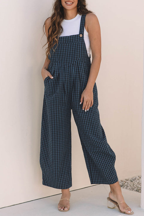 Plaid Print High Waist Buttoned Pocketed Wide Leg Jumpsuit