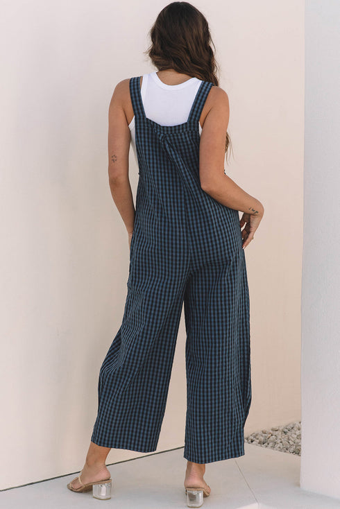 Plaid Print High Waist Buttoned Pocketed Wide Leg Jumpsuit