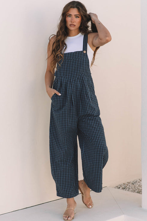 Plaid Print High Waist Buttoned Pocketed Wide Leg Jumpsuit