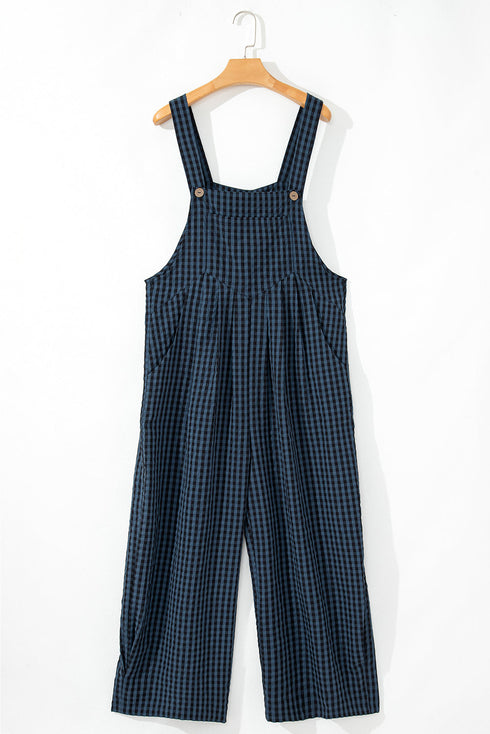 Plaid Print High Waist Buttoned Pocketed Wide Leg Jumpsuit
