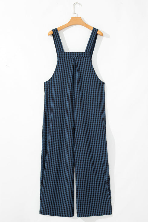 Plaid Print High Waist Buttoned Pocketed Wide Leg Jumpsuit
