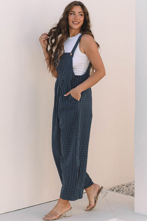 Plaid Print High Waist Buttoned Pocketed Wide Leg Jumpsuit