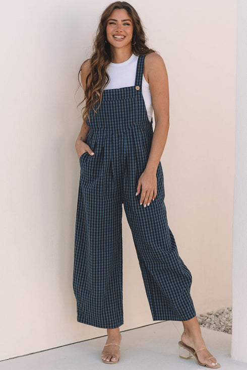 Plaid Print High Waist Buttoned Pocketed Wide Leg Jumpsuit