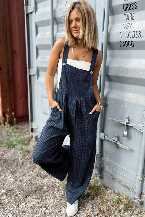 Plaid Print High Waist Buttoned Pocketed Wide Leg Jumpsuit