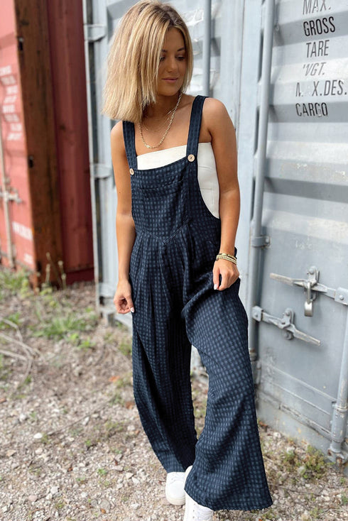 Plaid Print High Waist Buttoned Pocketed Wide Leg Jumpsuit