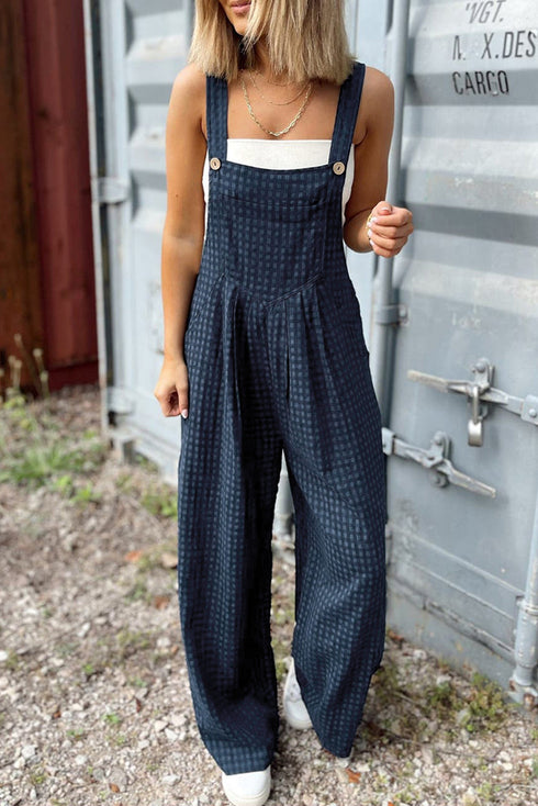 Plaid Print High Waist Buttoned Pocketed Wide Leg Jumpsuit