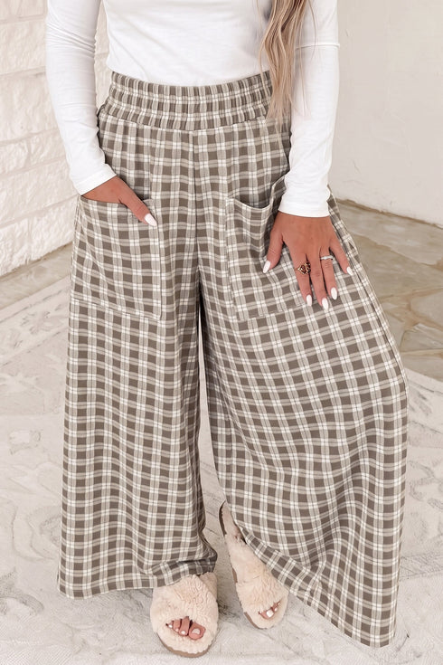 Plaid Print Patch Pocket Elastic Waist Wide Leg Pants