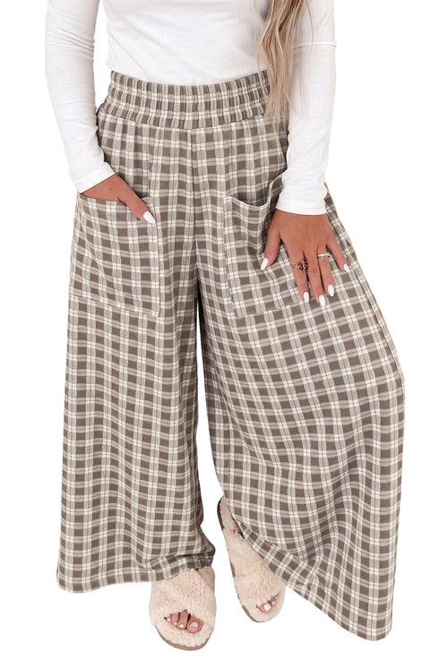 Plaid Print Patch Pocket Elastic Waist Wide Leg Pants