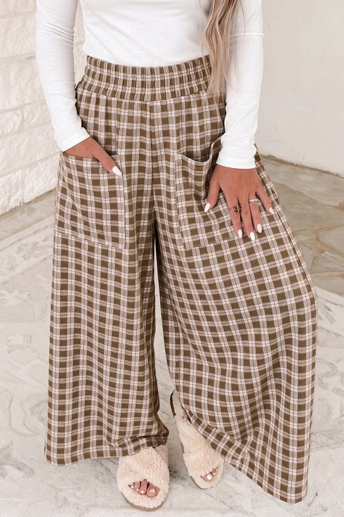 Plaid Print Patch Pocket Elastic Waist Wide Leg Pants