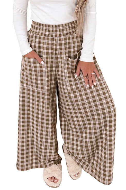 Plaid Print Patch Pocket Elastic Waist Wide Leg Pants