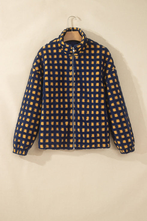 Plaid Print Plush Sherpa Fleece Zip Up Lined Jacket