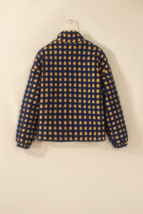 Plaid Print Plush Sherpa Fleece Zip Up Lined Jacket