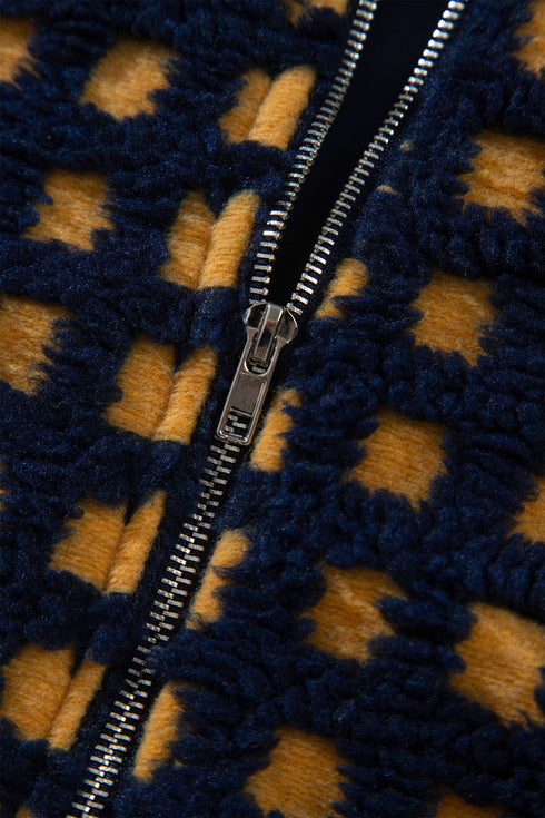 Plaid Print Plush Sherpa Fleece Zip Up Lined Jacket