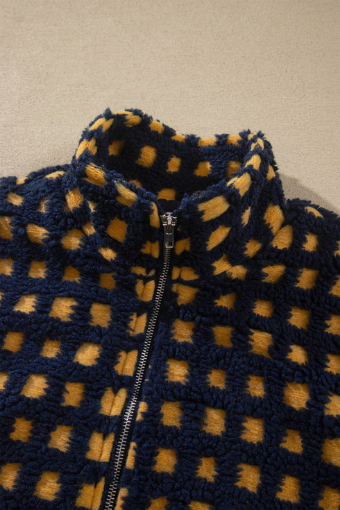 Plaid Print Plush Sherpa Fleece Zip Up Lined Jacket