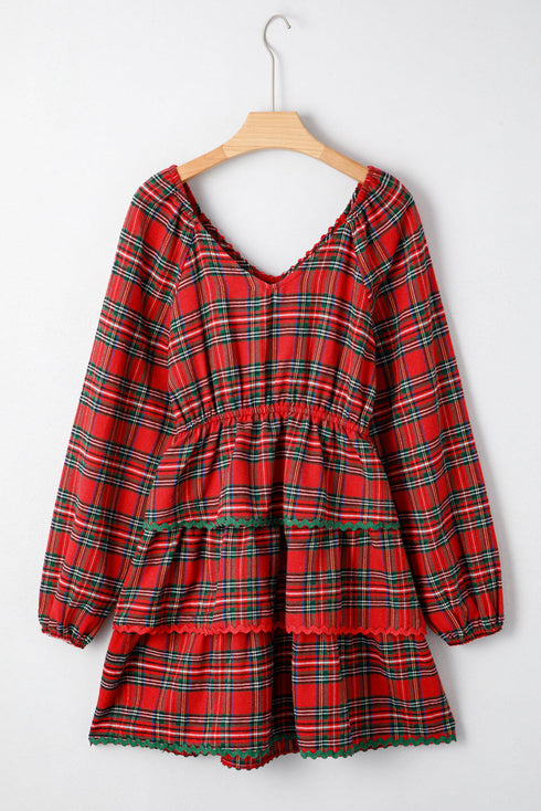 Plaid Print Ricrac Tiered Bubble Sleeve Mini Dress
