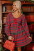Plaid Print Ricrac Tiered Bubble Sleeve Mini Dress
