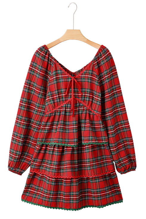 Plaid Print Ricrac Tiered Bubble Sleeve Mini Dress