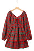 Plaid Print Ricrac Tiered Bubble Sleeve Mini Dress