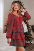 Plaid Print Ricrac Tiered Bubble Sleeve Mini Dress