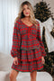 Plaid Print Ricrac Tiered Bubble Sleeve Mini Dress