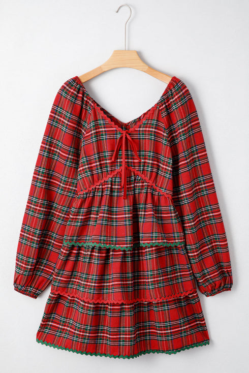 Plaid Print Ricrac Tiered Bubble Sleeve Mini Dress