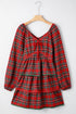 Plaid Print Ricrac Tiered Bubble Sleeve Mini Dress