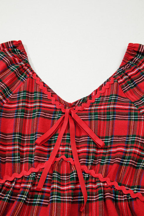 Plaid Print Ricrac Tiered Bubble Sleeve Mini Dress