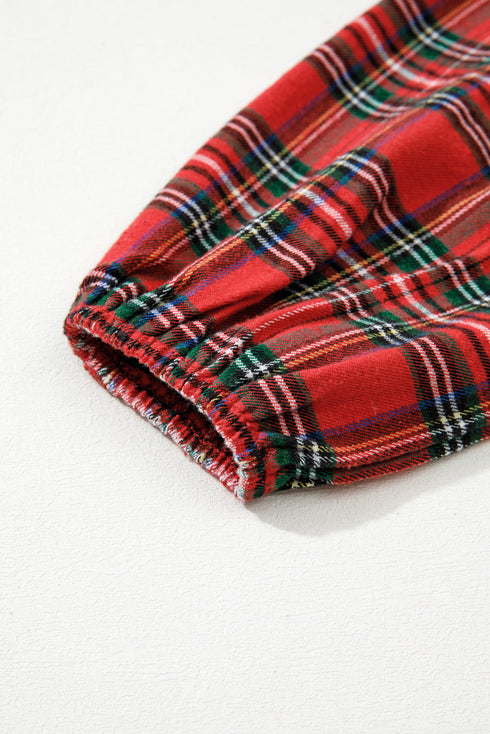 Plaid Print Ricrac Tiered Bubble Sleeve Mini Dress