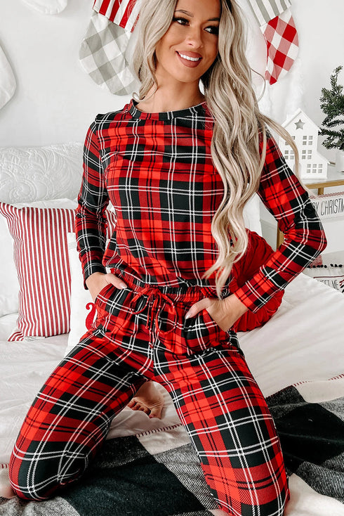 Plaid Print Round Neck Long Sleeve Two Piece Lounge Set