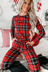 Plaid Print Round Neck Long Sleeve Two Piece Lounge Set