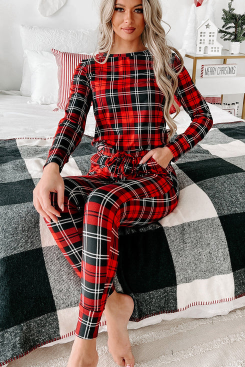 Plaid Print Round Neck Long Sleeve Two Piece Lounge Set