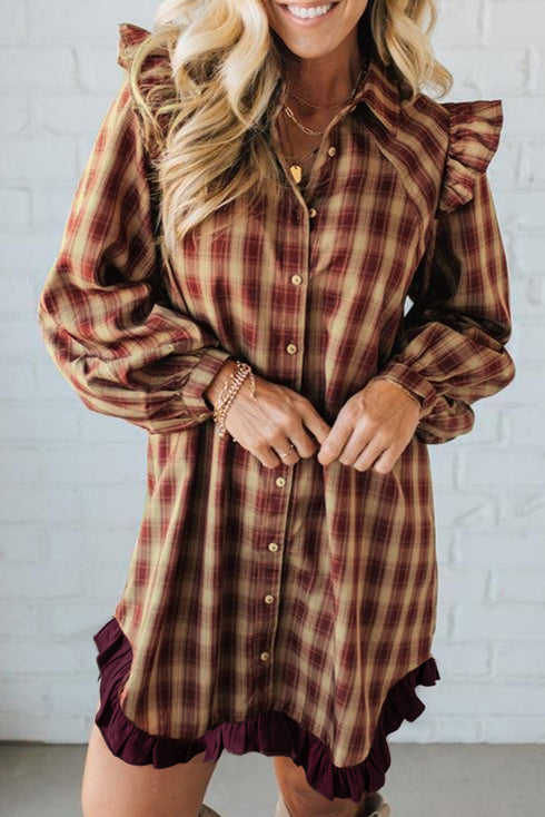 Plaid Print Ruffled Long Sleeve Patchwork Hem Mini Dress