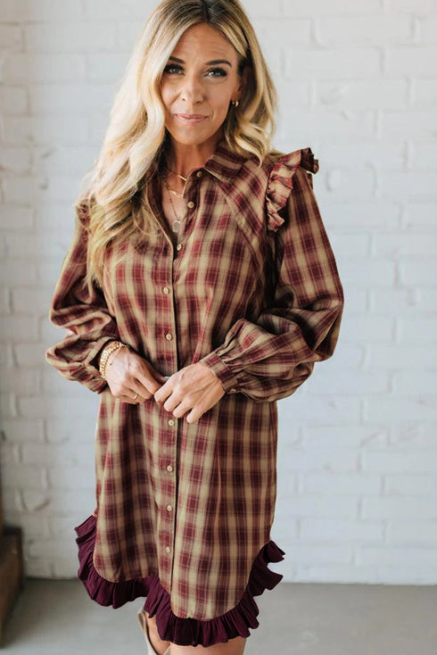 Plaid Print Ruffled Long Sleeve Patchwork Hem Mini Dress
