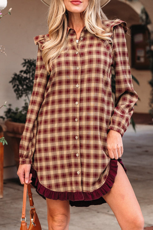 Plaid Print Ruffled Long Sleeve Patchwork Hem Mini Dress