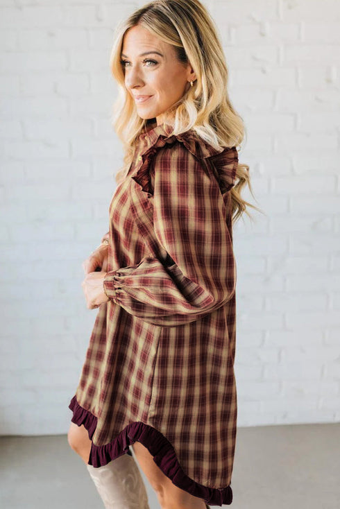 Plaid Print Ruffled Long Sleeve Patchwork Hem Mini Dress