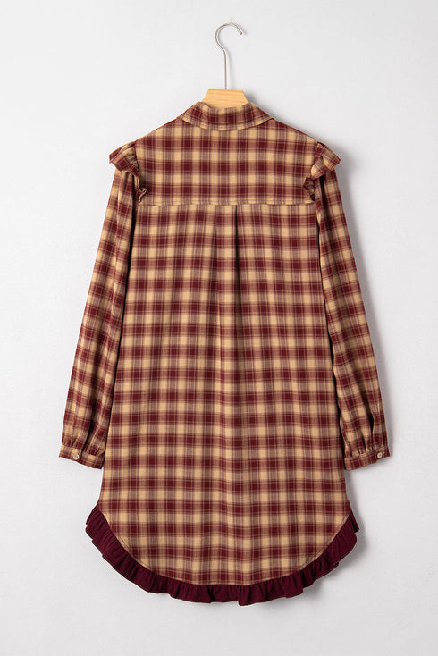 Plaid Print Ruffled Long Sleeve Patchwork Hem Mini Dress