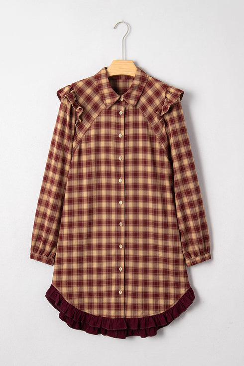 Plaid Print Ruffled Long Sleeve Patchwork Hem Mini Dress
