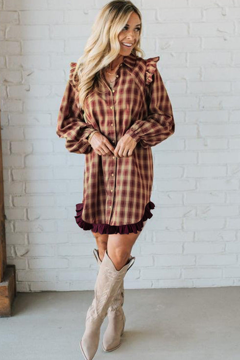 Plaid Print Ruffled Long Sleeve Patchwork Hem Mini Dress