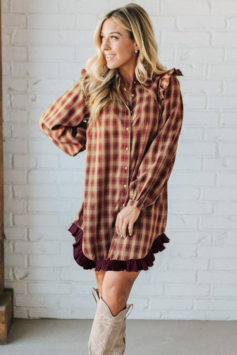 Plaid Print Ruffled Long Sleeve Patchwork Hem Mini Dress