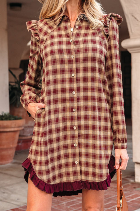 Plaid Print Ruffled Long Sleeve Patchwork Hem Mini Dress