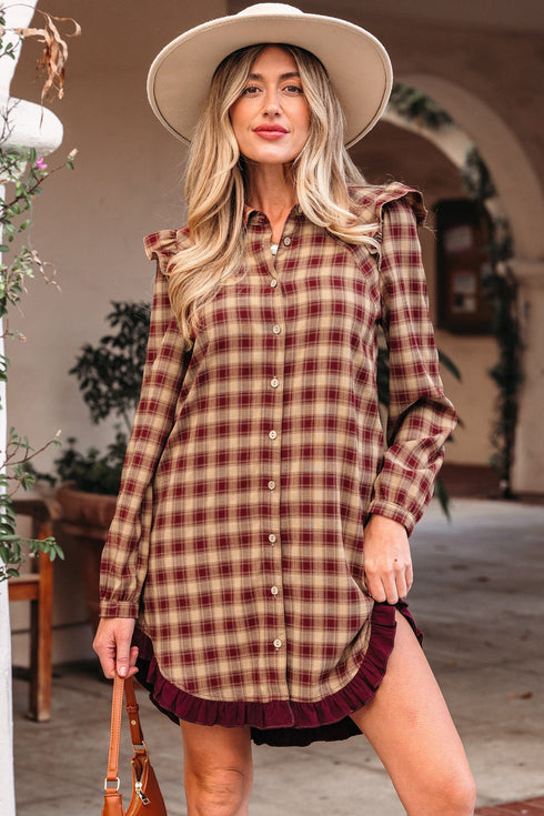 Plaid Print Ruffled Long Sleeve Patchwork Hem Mini Dress