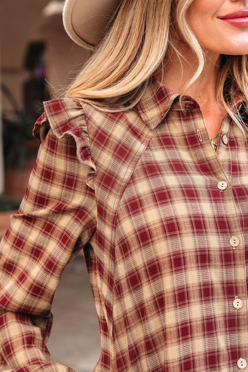 Plaid Print Ruffled Long Sleeve Patchwork Hem Mini Dress