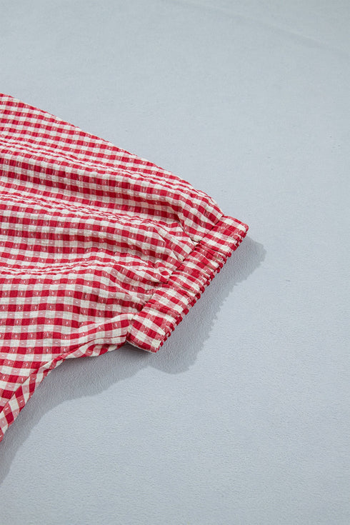 Plaid Print Short Sleeve Split Neck Blouse