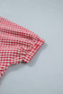 Plaid Print Short Sleeve Split Neck Blouse