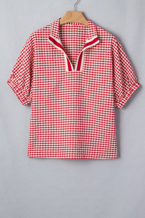 Plaid Print Short Sleeve Split Neck Blouse