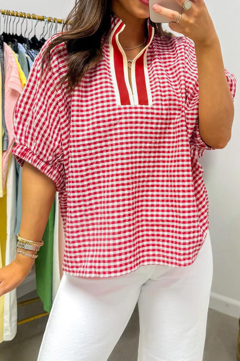 Plaid Print Short Sleeve Split Neck Blouse