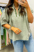 Plaid Print Short Sleeve Split Neck Blouse